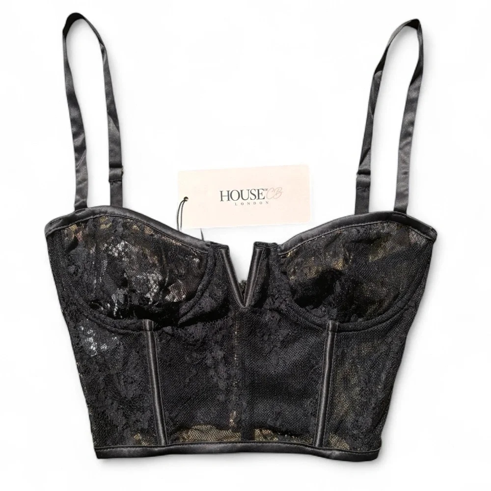 House of CB Sheer Lace Corset Top Black V-Wire NWT XS - Picture 1 of 8